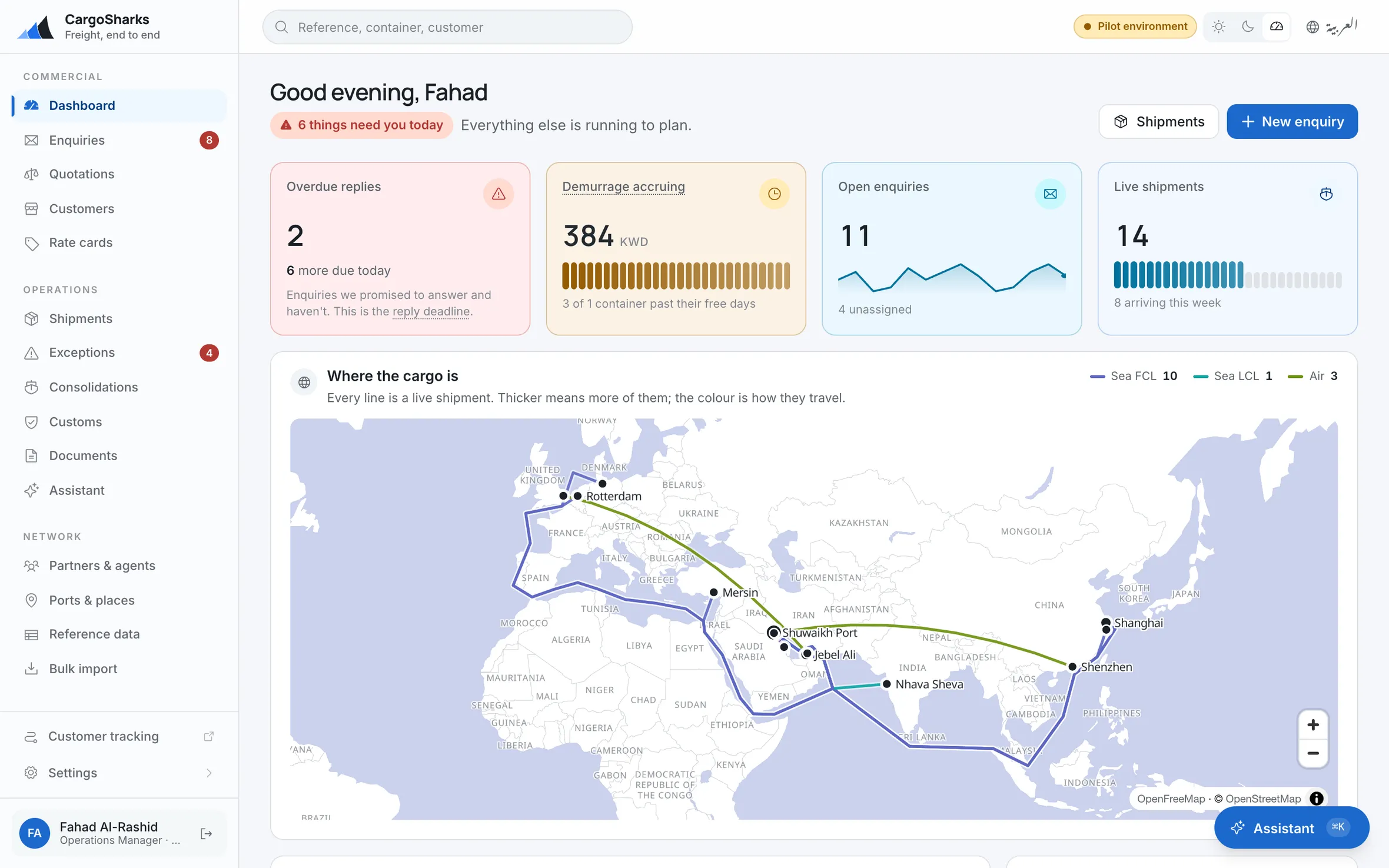 The dashboard: four figures, a map of live shipments, and the assistant panel
